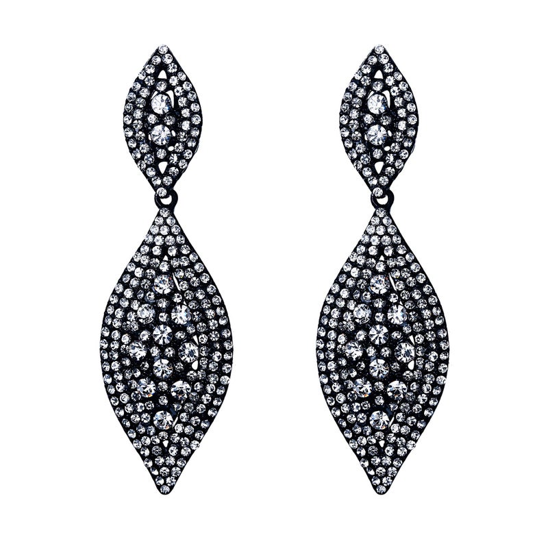 Flyonce Women's Rhinestone Crystal Wedding Bridal 2 Leaf Drop Dangle Chandelier Earrings Clear Black-Tone - Image 1